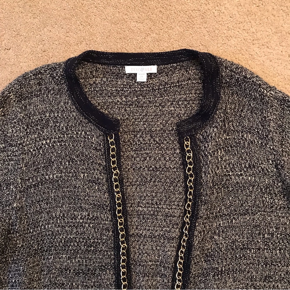 Roz Ali Cardigan Sweater Womens Size 2X Navy Gold Open Front Metallic Shimmer - Picture 2 of 8